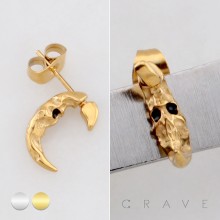 GOTHIC SKULL CRESCENT MOON CELESTIAL HAMMERED 316L SURGICAL STEEL EARRING